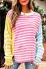 Multicolour Color Block Striped Patchwork Dolman Sleeve Slit Sweater