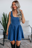 Sail Blue Square Neck Bowknot A-line Sleeveless Denim Dress