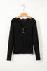 Skobeloff Lace Neckline Button Decor Lettuce Edge Long Sleeve Ribbed Top