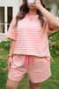 Green Stripe Boxy Tee Drawstring Elastic Waist Plus Size Short Set