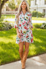 Red Floral Contrast Striped V Neck Puff Half Sleeve Shift Dress
