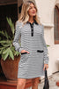 White Stripe Buttoned Front Collared Long Sleeve T Shirt Dress with Pockets