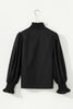 Black Puffy Flounce Sleeve Leopard Trim V Neck Blouse