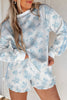 Sky Blue Floral Print Striped Detail Long Sleeve Top Ruffle Hem Shorts 2pcs Set