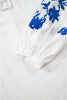 White Floral Embroidered Drawstring V Neck Blouse