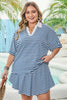 Blue Stripe Short Sleeve Collared V Neck Top Plus Size Skort Set