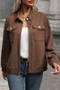 Navy Blue Solid Color Zip Up Button Flap Pocket Shirt Collar Jackets