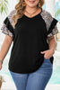 Black Leopard Ruffle Patchwork Sleeve Plus Size Summer Top
