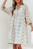 Green Geometric Floral Print 3/4 Sleeve Notched Neck Mini Dress