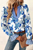 Sky Blue Floral Print Striped Patchwork Long Flounce Sleeve Ricrac Trim V Neck Blouse