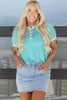 Turquoise Corded Colorblock Buttons Henley T Shirt