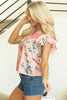 Pink Floral Print Frilled V Neck Pleated Sleeve Blouse