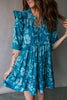 Blue Flower Half Sleeve Tiered Ruffled Mini Dress