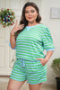 Green Stripe Plus Size Colorblock Detail Puff Sleeve Top Drawstring Shorts 2pcs Outfit