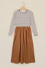 Brown Stripe Ribbed Knit Long Sleeve Bodice Contrast Patchwork Flared Dress