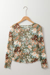 Green Floral Print Mesh Fitted Long Sleeve Top