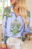 Sky Blue Floral Print Button Tie Neck Long Puff Sleeve Blouse