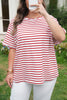 Red Stripe Plus Size Scalloped Trim Round Neck Short Sleeve Top
