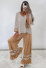 Blue Stripe V Neck Ruffle Contrast Sleeve Top Drawstring Pants 2pcs Set