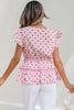 Pink V Neck Polka Dot Print Drawstring Tiered Babydoll Blouse