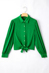 Dark Green Solid Color Flowy Balloon Sleeve Tie Front Buttoned Shirt