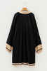 Black Plus Size Color Block Striped Trim V Neck Long Sleeve Shift Mini Dress