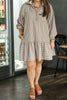 Khaki Stripe Zip up Collared Puff Sleeve Ruffled Plus Size Mini Dress