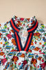 Multicolour Contrasted V Neckline Floral Puff Short Sleeve Blouse