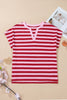 Pink Stripe Split V Neck Casual T Shirt