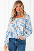 Sky Blue Floral Print Frilly Smocked Square Neck Long Sleeve Blouse