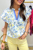 Sky Blue Floral Print Frilled Notched V Neck Blouse