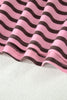 Rose Stripe Striped V-Neck Ribbed Collar Cuff Gathering Puff Sleeve Top