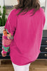 Rose Red Plus Size Printed Patchwork Sleeve Split Sweatshirt