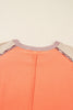 Grapefruit Orange Plaid Flower Waffle Patched Plus Size 3/4 Sleeve Top