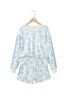 Sky Blue Floral Print Striped Detail Long Sleeve Top Ruffle Hem Shorts 2pcs Set