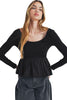 Black Ribbed Knit Long Sleeve Scoop Neck Peplum Patchwork Top