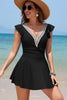 Black Ruffled Short Sleeve Lace Trim V Neck One Piece Swim Dress