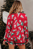 Red Christmas Fashion Print Contrast Ruffle Trim Ribbon Bow Knot 2pcs Pajama Set