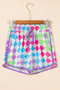 Multicolour Checkered Drawstring Elastic Waist Casual Shorts