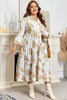 Khaki Patterned Ruffled Sleeve Half Placket Tiered A-line Plus Size Long Dress