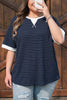 Blue Stripe Contrast Trim Plus Size Ribbed T Shirt