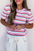 Multicolour Textured Stripes Knit Short Sleeve Sweater