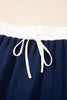 Navy Blue Varsity Stripe Detail Drop Shoulder Pullover Mini Skirt Set