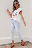 White USA Sequin Color Block Trim Loose T Shirt