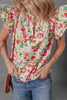 Multicolour Allover Floral Printed Flutter Sleeve Split Neck Blouse