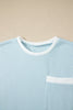 Mist Blue Contrast Trim Round Neck Pocketed Boxy Tank Top Wide Leg Pant Set