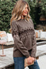 Light French Beige Western Geometric Patterned Crew Neck Knitted Sweater