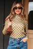 Khaki Check Pattern Turtleneck Ribbed Slim Long Sleeve Tee