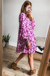 Rose Leopard Print Buttoned Front 3/4 Sleeve Tiered Ruffled Hem Dress