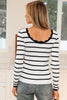 Black white Scalloped Trim U Neck Striped Ribbed Slim Sweater